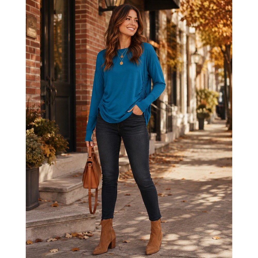 Athleta Drishti Ruched Sweatshirt Women Small Teal Modal Thumbhole Tunic Yoga